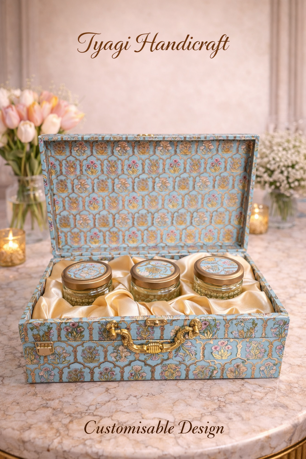 Dry fruit gift box with glass jars and satin lining