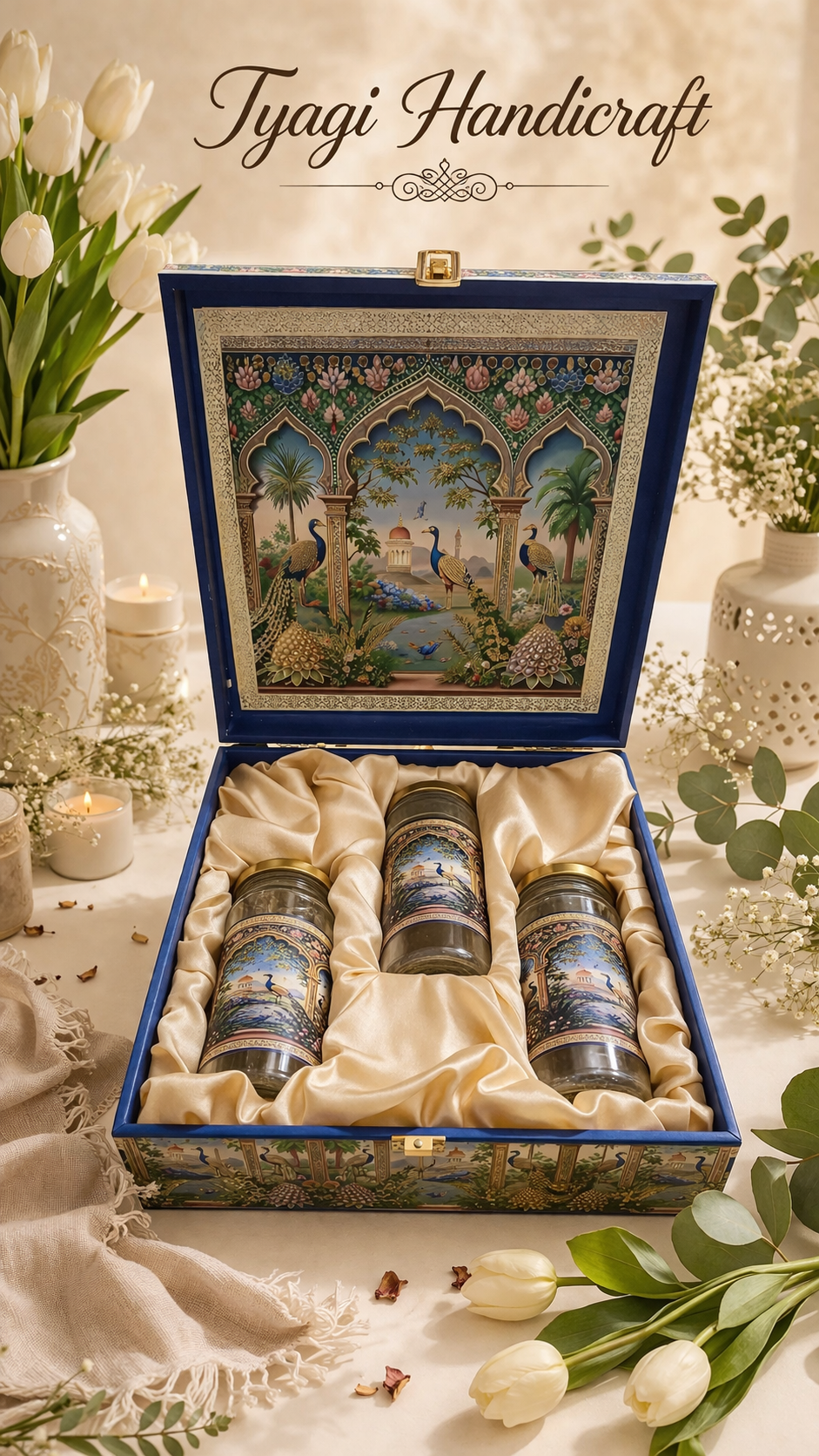 Empty dry fruit gift box with peacock digital print and gold finish
