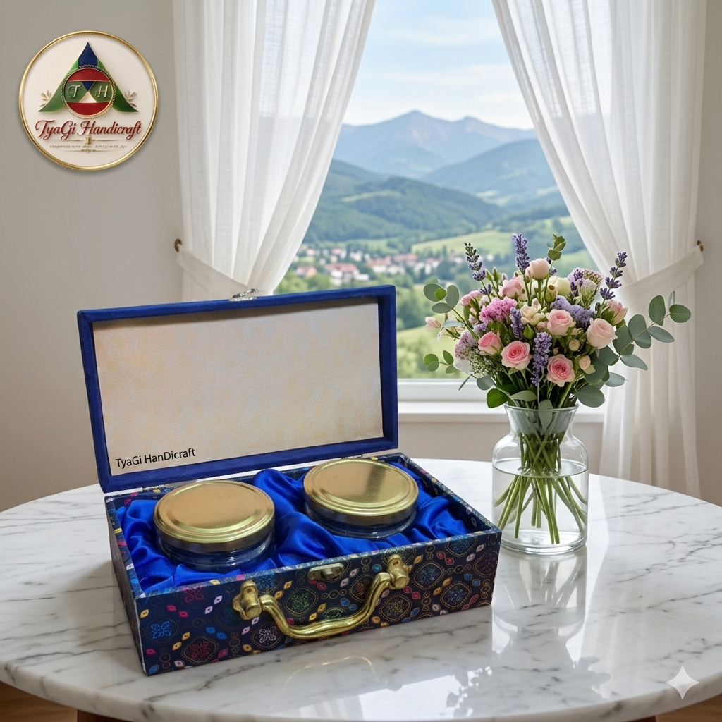 "Empty 2 jar MDF dry fruit box with golden finish jars for luxury gifting."
