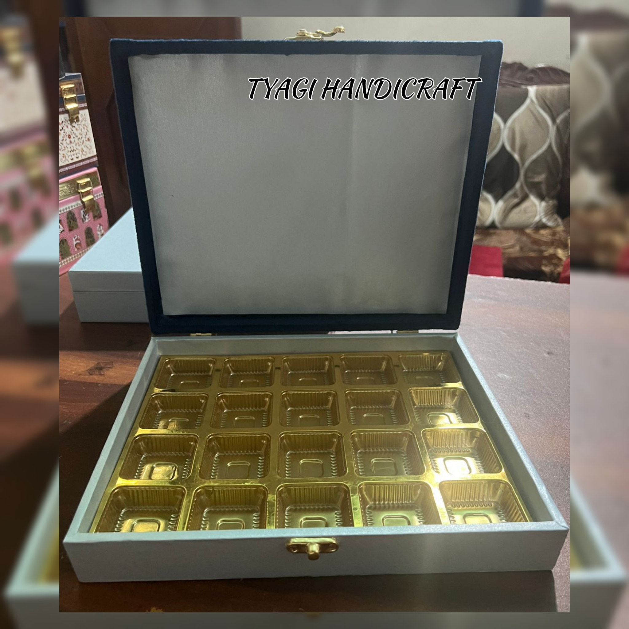 "Empty 20 section MDF Chocolate Packaging Box with removable dividers for gift packing." (Diwali Gift Hampers Under 500)