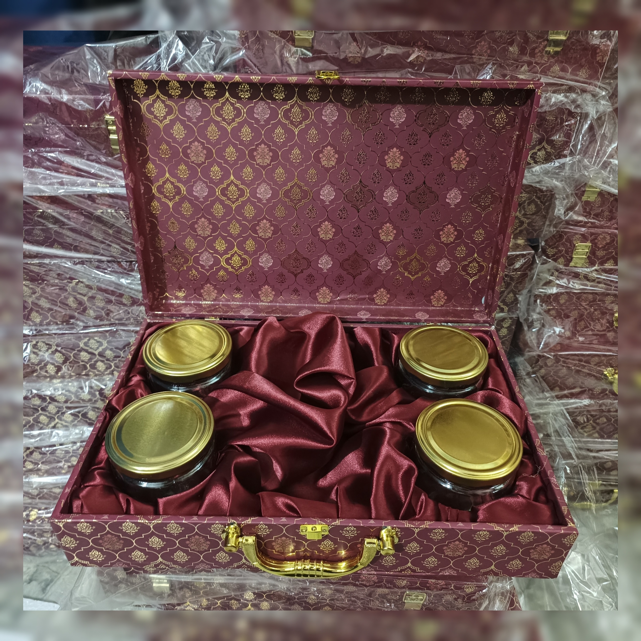 "Empty 5 section MDF Dry Fruit Box 4 jars And Middle Space for Snacks." (Diwali Gift Hampers Under 500)