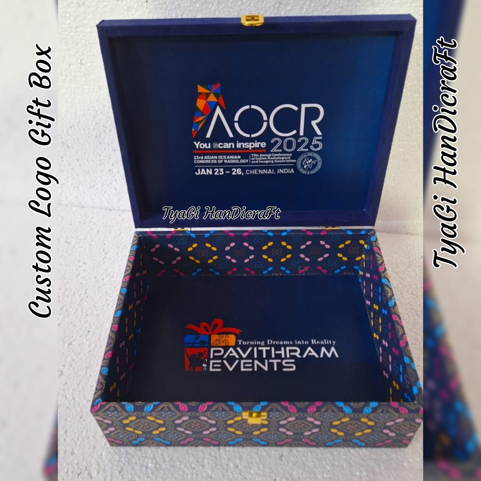 Tyagi Handicraft Custom branded blue velvet gift hamper boxes for corporate events. Best Deals On Festive Gift Hampers