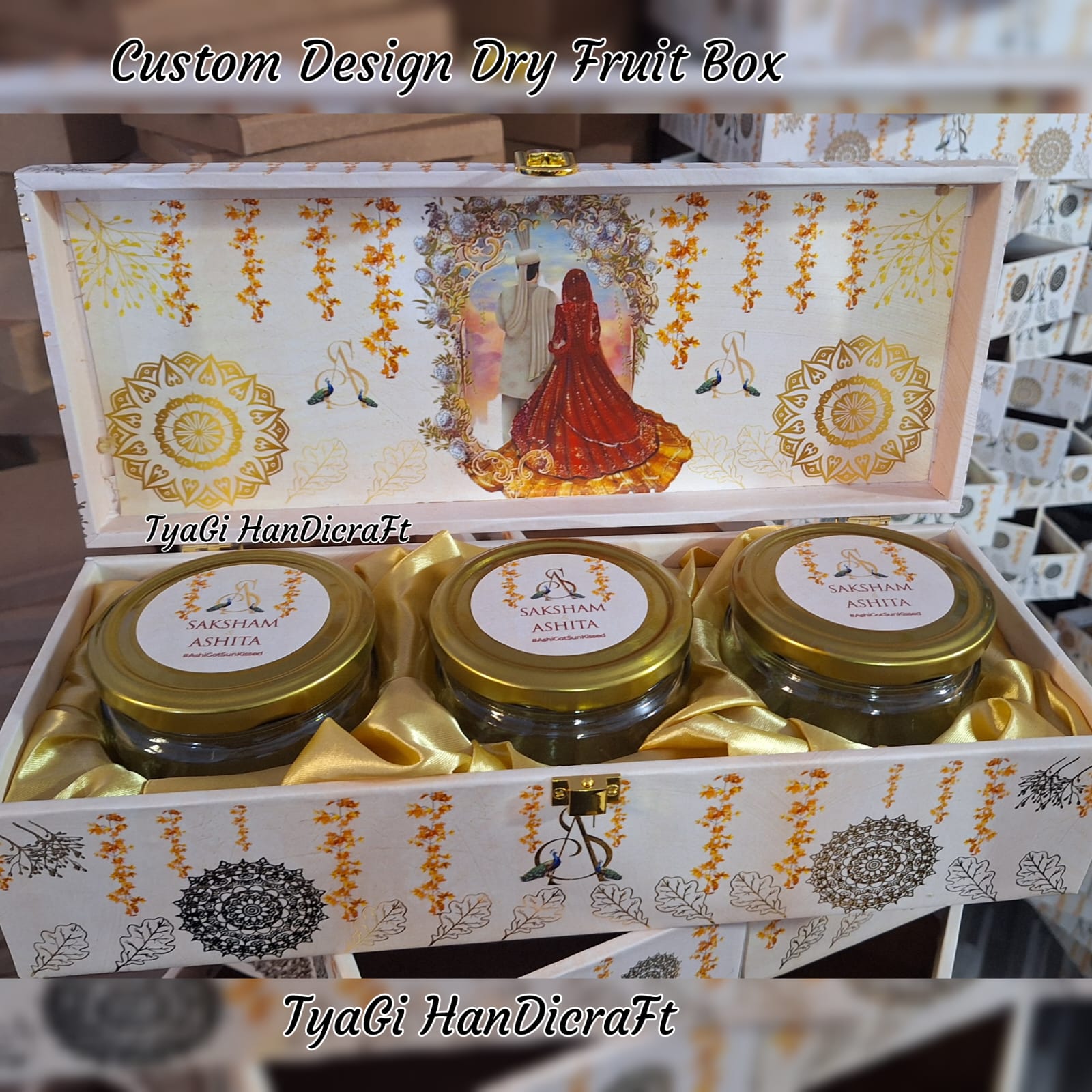 Dry fruit gift box with glass jars and satin lining