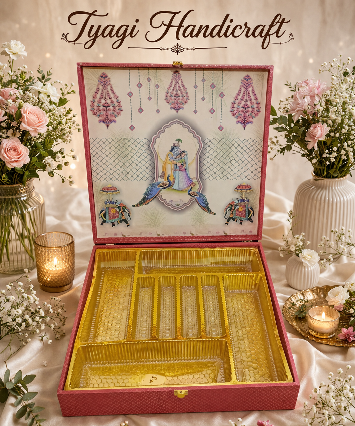 Pink handcrafted gift hamper boxes with traditional Krishna-Radha artwork and dividers.