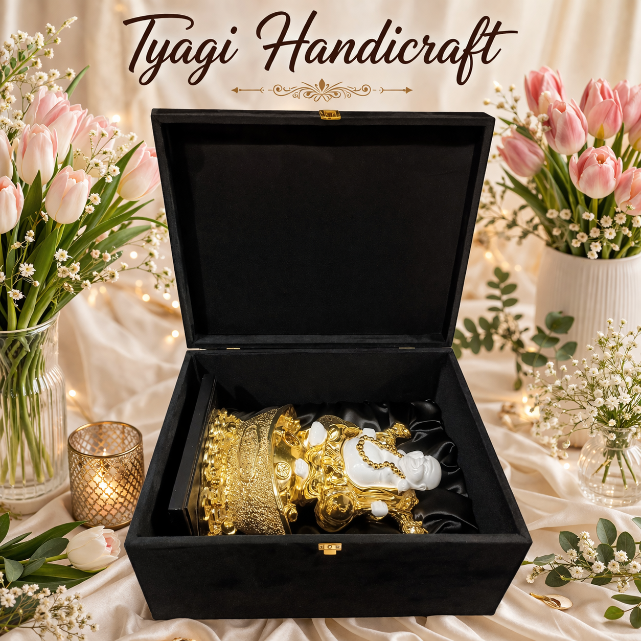 Black leatherette gift hamper boxes with silver jubilee branding and gold handle.