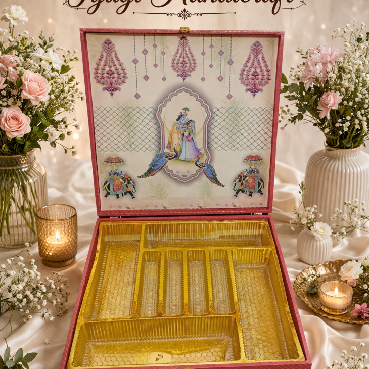 Pink handcrafted gift hamper boxes with traditional Krishna-Radha artwork and dividers.